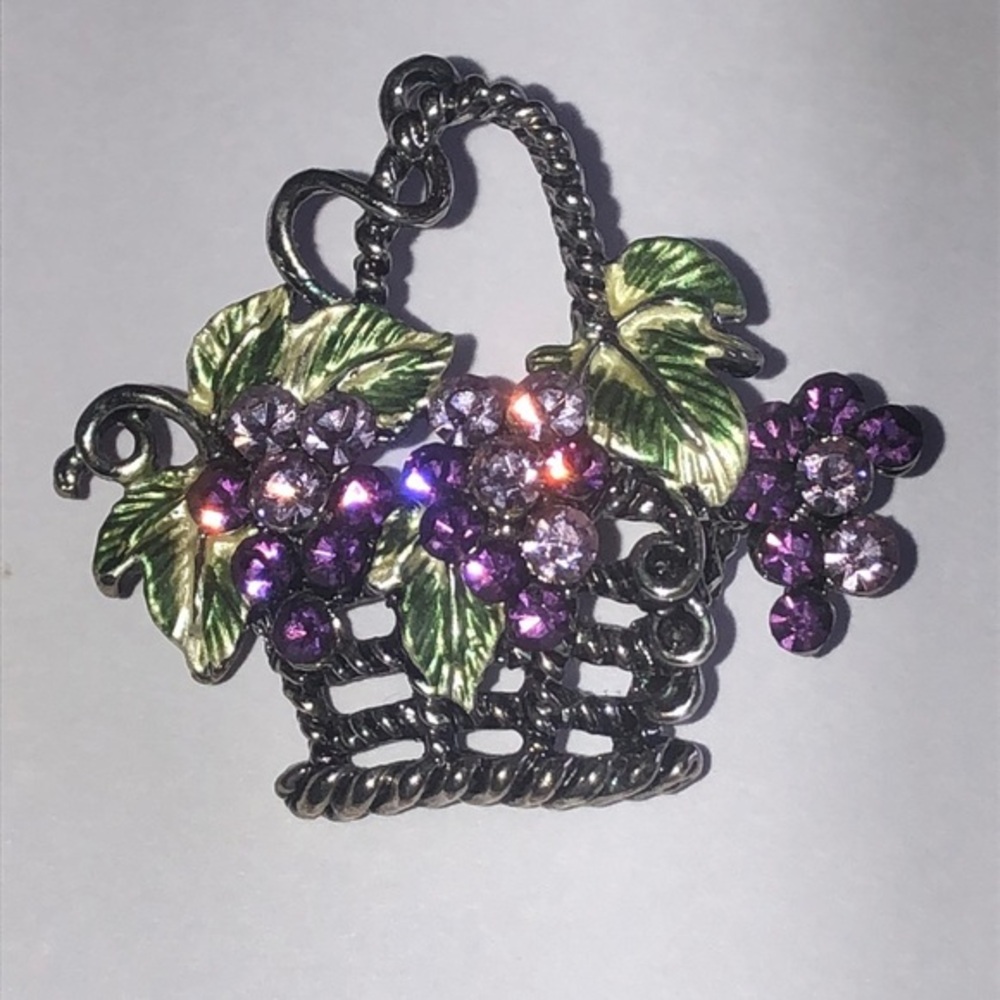 Silver Tone Grape Basket Brooch with Purple and Green Accents